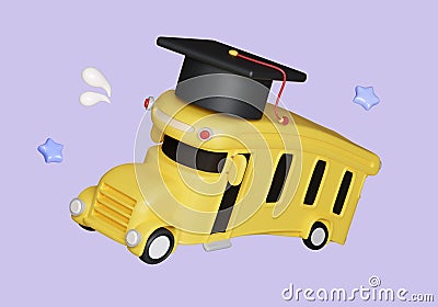 3D render school bus and graduate hat icon isolated on pastel background. icon symbol clipping path. education. 3d Cartoon Illustration