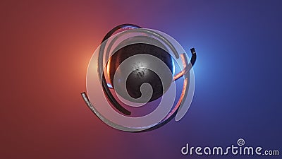 3d Render. Sci-fi object with glowing energy at center. Rotation metal sphere Stock Photo