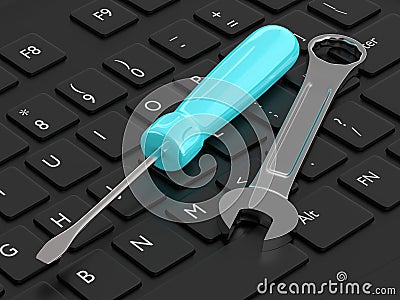 3d render of screwdriver with wrench lying on computer keyboard Stock Photo