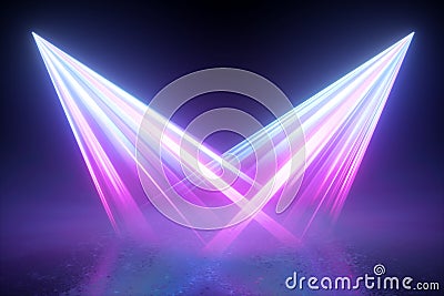 3d render. Searchlights in the dark. Abstract background with two projectors, neon lights shining on the empty stage. Laser rays, Stock Photo