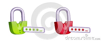 3D render set of green and red locks with password Stock Photo