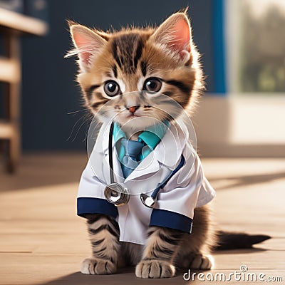 3D render of kitten wearing health worker's uniform Stock Photo