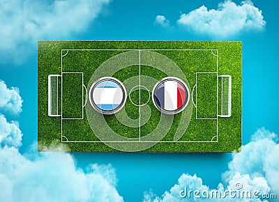 3d render of shields featuring the flags of Argentina and France over a soccer field Stock Photo