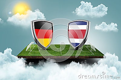 3d render of shields featuring the flags of Germany and Costa Rica over a soccer field Stock Photo