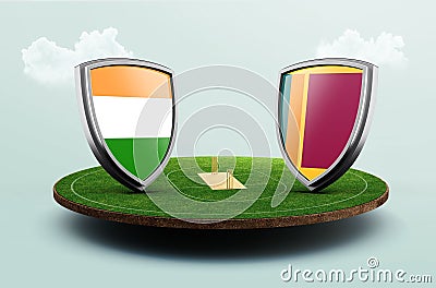 3d render of shields featuring the flags of India and Sri Lanka over a baseball field Stock Photo
