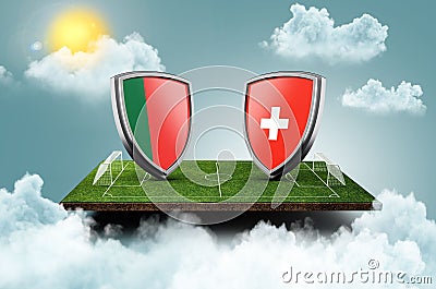 3d render of shields featuring the flags of Portugal and Switzerland over a soccer field Stock Photo