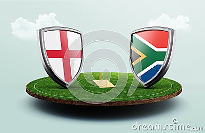 3d render of shields featuring the flags of South Africa and England over a baseball field Stock Photo