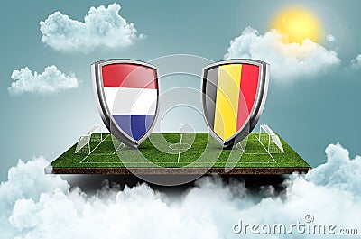 3d render of shields with the flags of Belgium and the Netherlands against a blue sky background Stock Photo