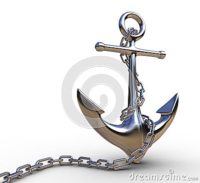 3d render of shiny steel anchor with chrome link chain Cartoon Illustration