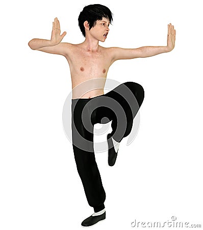 Shirtless Chinese Boy Striking A Kung Fu Pose Stock Photo