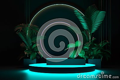 Ai Generative 3d render, abstract minimal display podium with palm leaves, neon light, round stage for product presentation Stock Photo