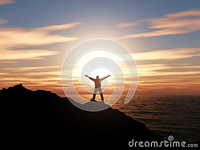 3D silhouette of a man with arms raised against a sunset ocean l Stock Photo