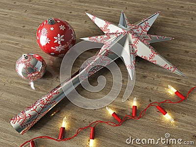 3d render of silver decoration star and Christmas decoration baubles with red lights on a wooden background Stock Photo