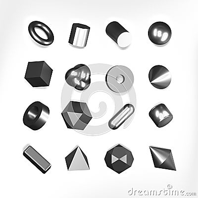 3d render silver geometric shapes objects set on white background. Metal chrome glossy realistic primitives Stock Photo