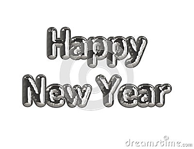 3D render of silver Happy New Year message with balloons on the white background Stock Photo