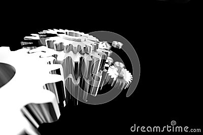 3D Render silver metal wheel gear on back background Stock Photo