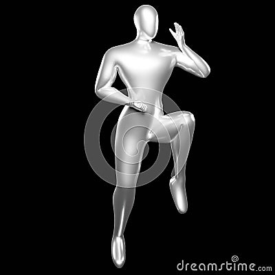 3d Render Silver Stickman - Karate Pose, doing a Standing Position with One Leg Raised Stock Photo