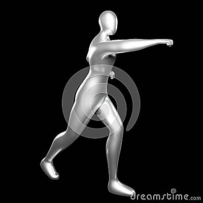 3d Render Silver Stickman - Karate Punching Pose Doing a Straight Forward Punch Stock Photo