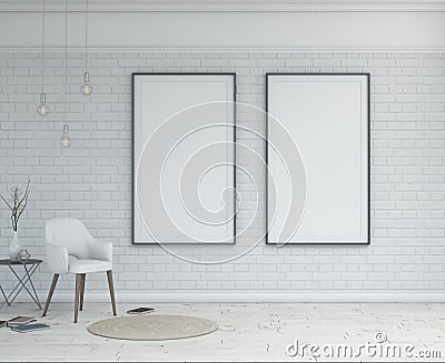 3d render of simple interior with mock up frames. Stock Photo