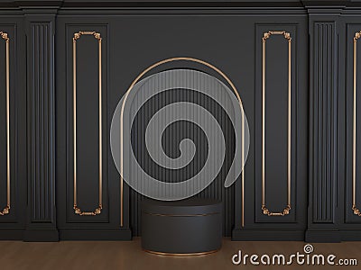 3D Render Single Black Podium with wall panel decoration background Stock Photo