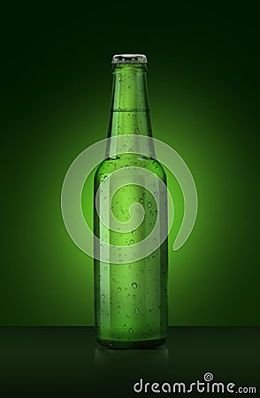 3D render. Single green beer bottle without brand designation. Full glass bottle covered with water drops against green Stock Photo