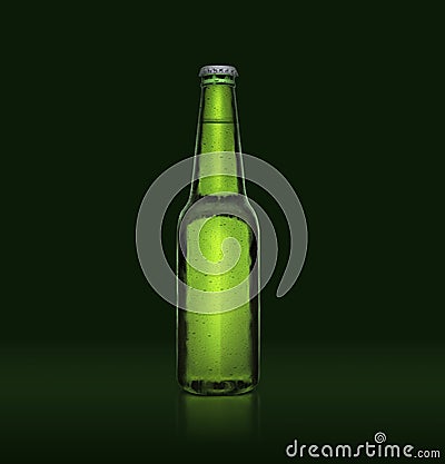 3D render. Single green beer bottle without brand designation. Full glass bottle covered with water drops against green Stock Photo