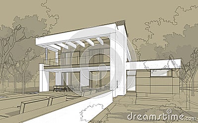 3D render sketch of modern cozy house in chalet style Stock Photo