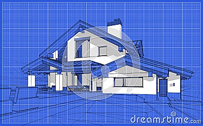 3D render sketch of modern cozy house in chalet style Stock Photo