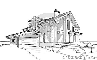 3D render sketch of modern cozy house in chalet style Stock Photo