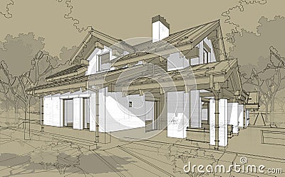 3D render sketch of modern cozy house in chalet style Stock Photo