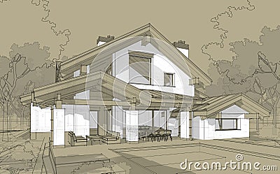 3D render sketch of modern cozy house in chalet style Stock Photo