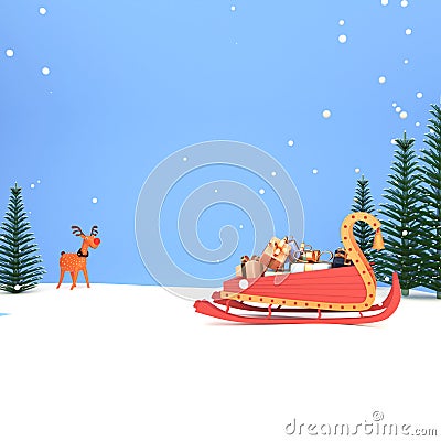 3D Render Sleigh Full Of Gift Boxes With Xmas Trees, Cartoon Rudolph On Blue And White Snowfall Background And Copy Stock Photo