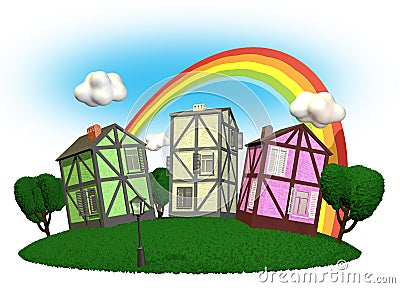 3D render of small village with rainbow trees and clouds Stock Photo