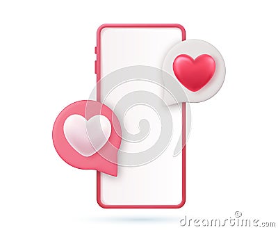 3D render Smartphone with bubbles and hearts Vector Illustration