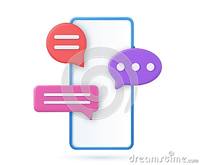 3D render smartphone with floating chat Vector Illustration