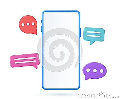 3D render smartphone with floating chat Vector Illustration