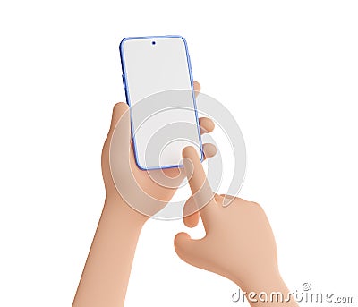 3d render smartphone in hand with finger on screen Stock Photo
