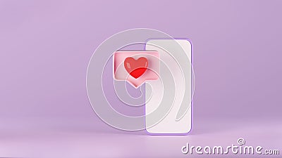 3d render of smartphone with love icon in pastel pink speech bubble box. Notification element in social media, symbol of Stock Photo