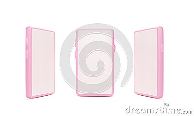 3d render smartphone. Mobile phone realistic mock up. Pink phone template with empty screen isolated on white background Vector Illustration