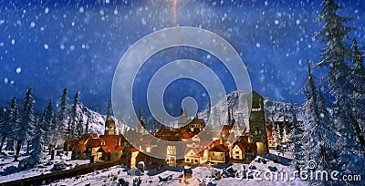 3d render of snow scene of small mountain village at dawn Cartoon Illustration