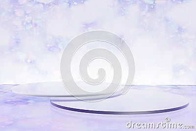 3d render of snowy purple bokeh setting with light glares and glass podiums Stock Photo