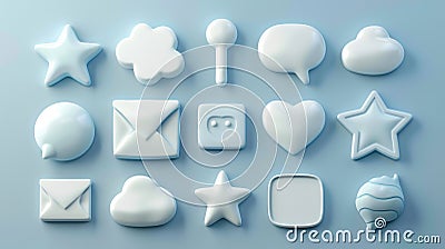 3D render of speech bubbles isolated on white background. White chat message icons of cloud, heart, star, cube, ball Cartoon Illustration