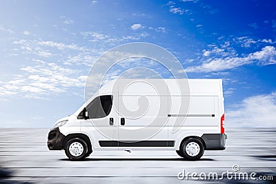 3d speeding white van logistic vehicle Stock Photo