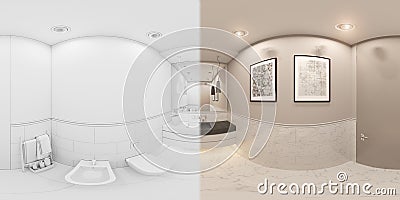 3D render spherical 360 degrees, seamless panorama interior of the toilet in a private cottage. T Cartoon Illustration