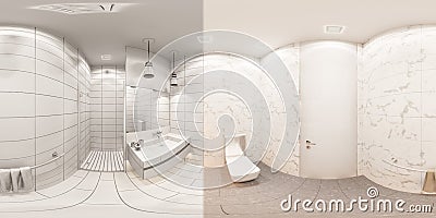 3D render spherical 360 seamless panorama of the interior of the bathroom with shower Stock Photo