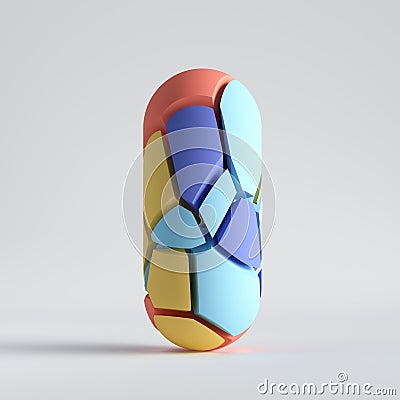 3d render. Split geometric object isolated on white background. Abstract random colorful mosaic pieces, broken capsule Stock Photo