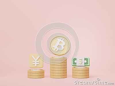 3d render of stack of bitcoins and gold in saving money for goal Concept. Minimal pastel scene. Growth financial model. Defi Stock Photo