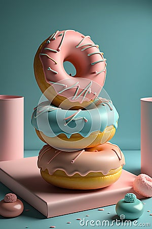 3d render of a stack of colorful donuts on a blue background Stock Photo