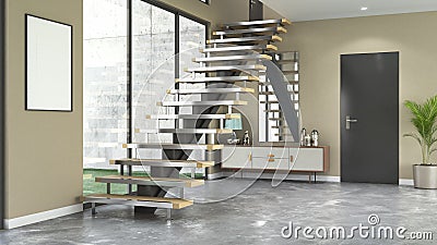 3D render of a stair in interior with concrete floor and light-brown walls. Cartoon Illustration