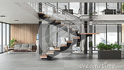 3D render of a stair in large office interior with restzone and work space. Cartoon Illustration